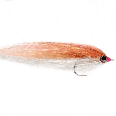 Fishing lure with pink and white body on a white background