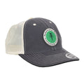 Gray and white cap with a green logo on a white background
