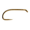 A single gold-colored metal fishing hook shown against a plain white background.