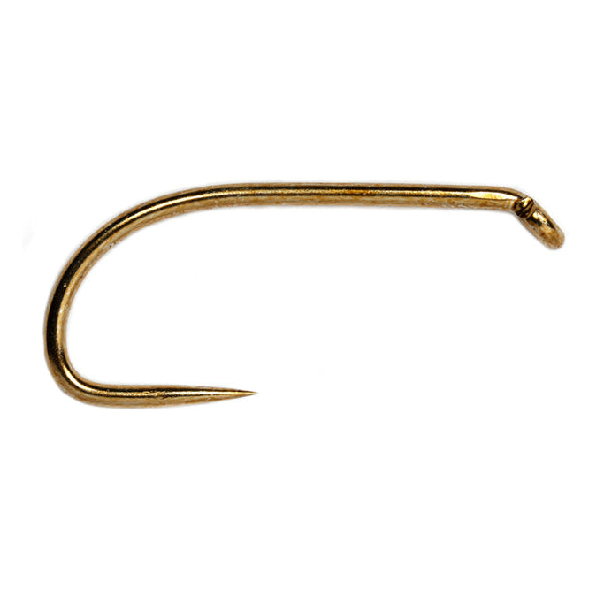 A single gold-colored metal fishing hook shown against a plain white background.