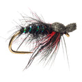 A close-up of a fly fishing lure on a solid white background. The lure features a gold-colored hook, a black body wrapped with iridescent green and blue beads, a fuzzy gray head, and red and black hackle feathers.