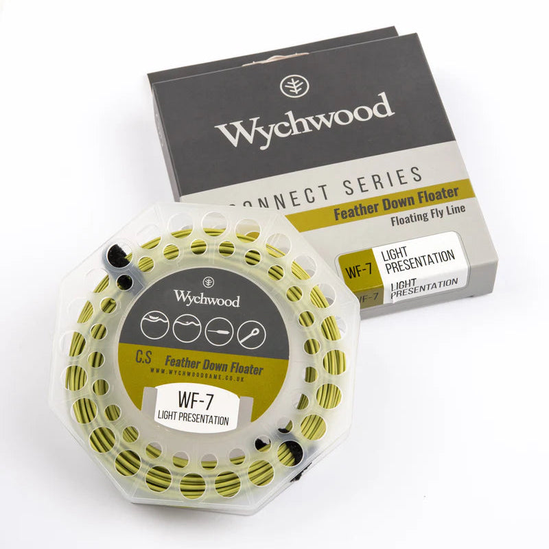 Wychwood fly fishing line reel and packaging on a white background